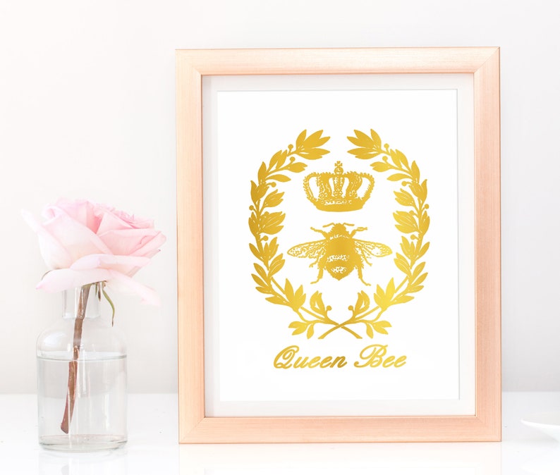 Gold Foil Queen Bee Print, Vintage Crown and Honey Bee Artwork, Sassy Bumblebee Mother's Day Gift, Gold Metallic Wall Art, Unframed Poster image 1