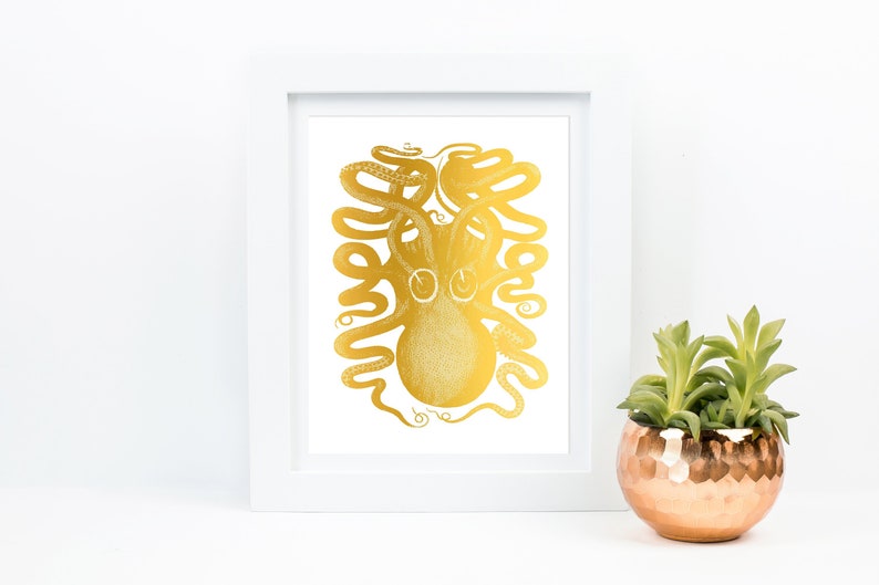 Octopus Art Gold Foil Nautical Decor, Sea Monster Ocean Bathroom Print, Coastal Wall Art Beach Creature, Vintage Illustration Marine life image 1