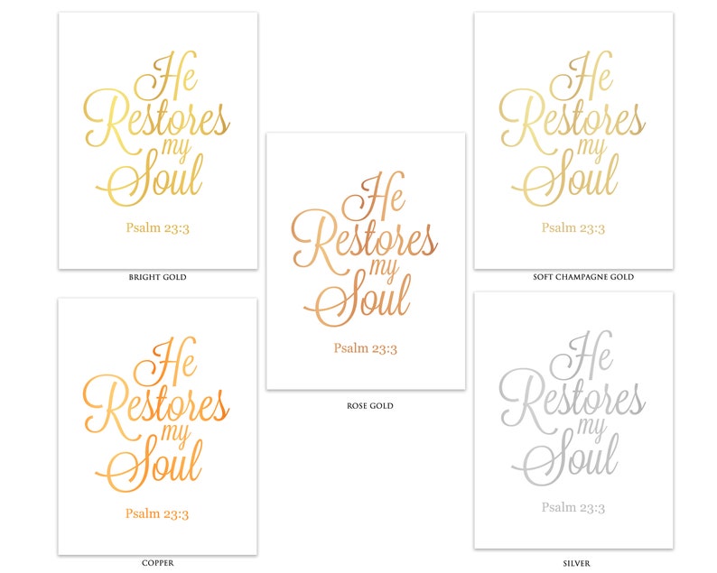 Scripture Wall Art, Psalm 23, Gold Wall Decor, Christian Gifts, Bible Verse Prints, Sympathy Gift He Restores My Soul Christian Poster Print image 2