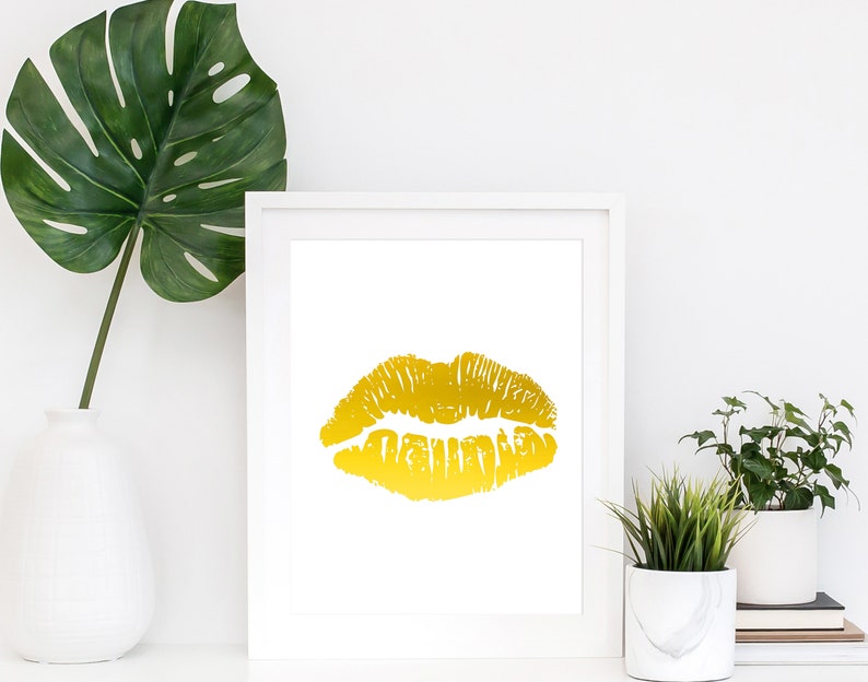 Gold Lips, Lip Art, Bathroom Print, Boudoir Gold Print, Makeup Romantic Print, Bedroom Wall Art, Gold Home Decor Accessories, Gift For Her image 1