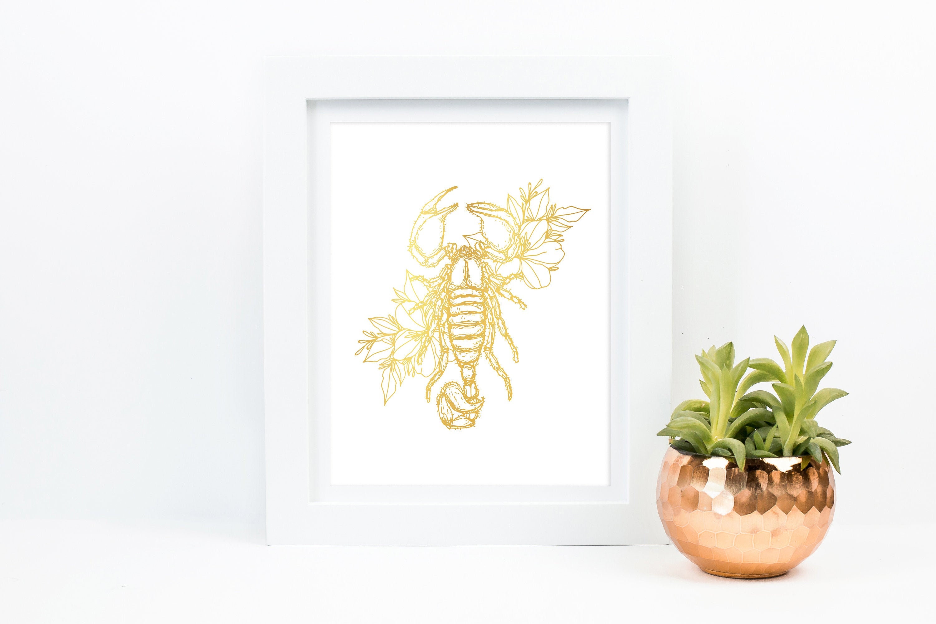 Scorpion Wall Art, Gold Foil Print, Scorpion Home Decor, Scorpion Insect Flower Art, Scorpion Decor, Scorpion Illustration, Unframed Artwork