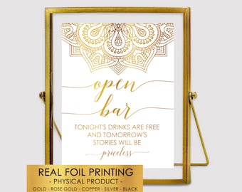 Gold Foil, Open Bar Sign, Wedding Bar Sign, Wedding Decor, Custom Drink Sign, Mandala Bar Decor, Hindu Wedding Menu Decor, Unframed Sign