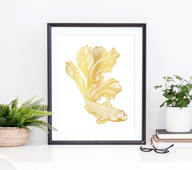 Betta Fish Art, Gold Foil Print, Siamese Betta Fighter Fish Print, Marine Life Home Decor, Chic Boho Wall Art, Unframed Cardstock Real Foil image 1