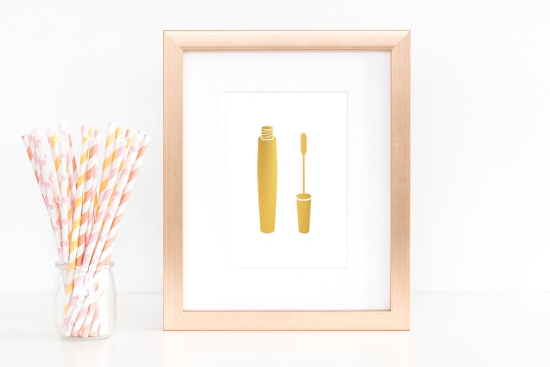 Gold Foil Mascara Picture, Lashes Eye makeup Wall Art, Rose Gold Bathroom Decor, Girly Wall Art, Home Wall Decor, Room Decor, Gift For Her image 1