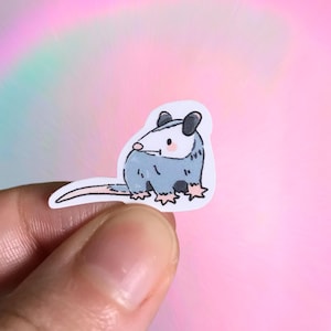 May include: A small sticker featuring a cartoon opossum. The opossum has a gray body, black ears, and a pink nose. It is sitting down with its tail extended. The sticker is held against a pink and rainbow background.