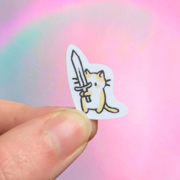 Tiny sword cat sticker, vinyl waterproof, white and beige weapon kitty, medieval knight animal