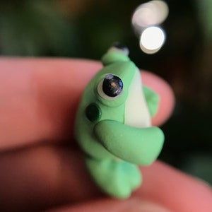 Chubby frog sculpture, miniature green frog, collectible clay figurine, small artwork