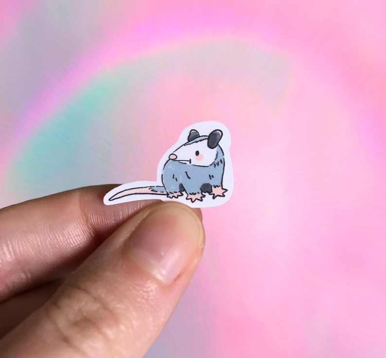 Pode incluir: Um pequeno adesivo com um desenho de um gamb&aacute;. O gamb&aacute; tem um corpo cinza, orelhas pretas e um nariz rosa. Ele est&aacute; sentado com a cauda estendida. O adesivo &eacute; segurado contra um fundo rosa e arco-&iacute;ris.