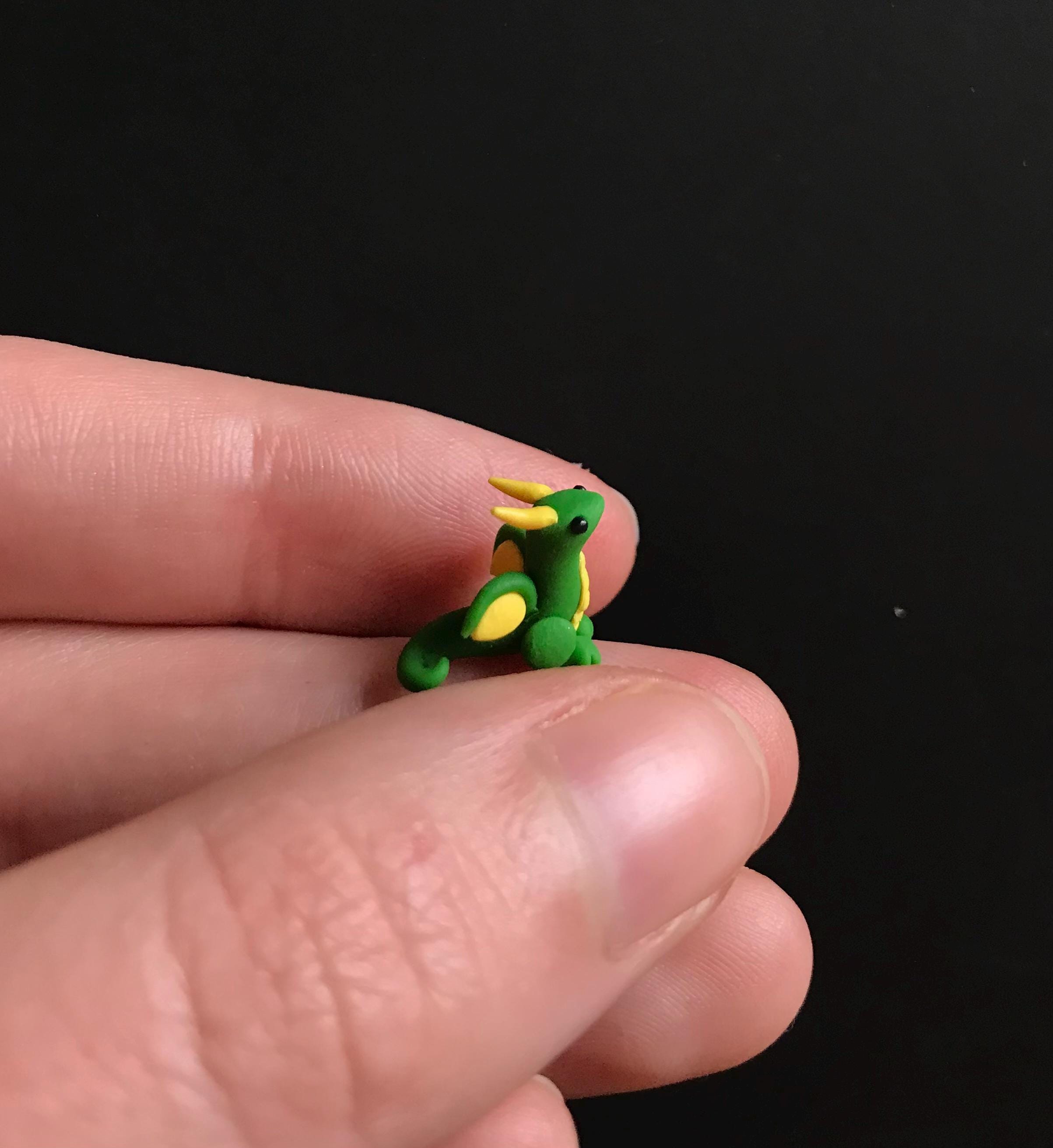 Miniature green and yellow dragon baby, tiny fantasy art figurine