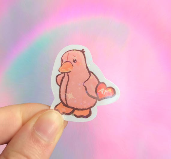 Pink duck plushie sticker, mini vinyl waterproof, nostalgic art, 90’s, 2000s stuffed animal toy, holographic sparkly, kawaii stationery