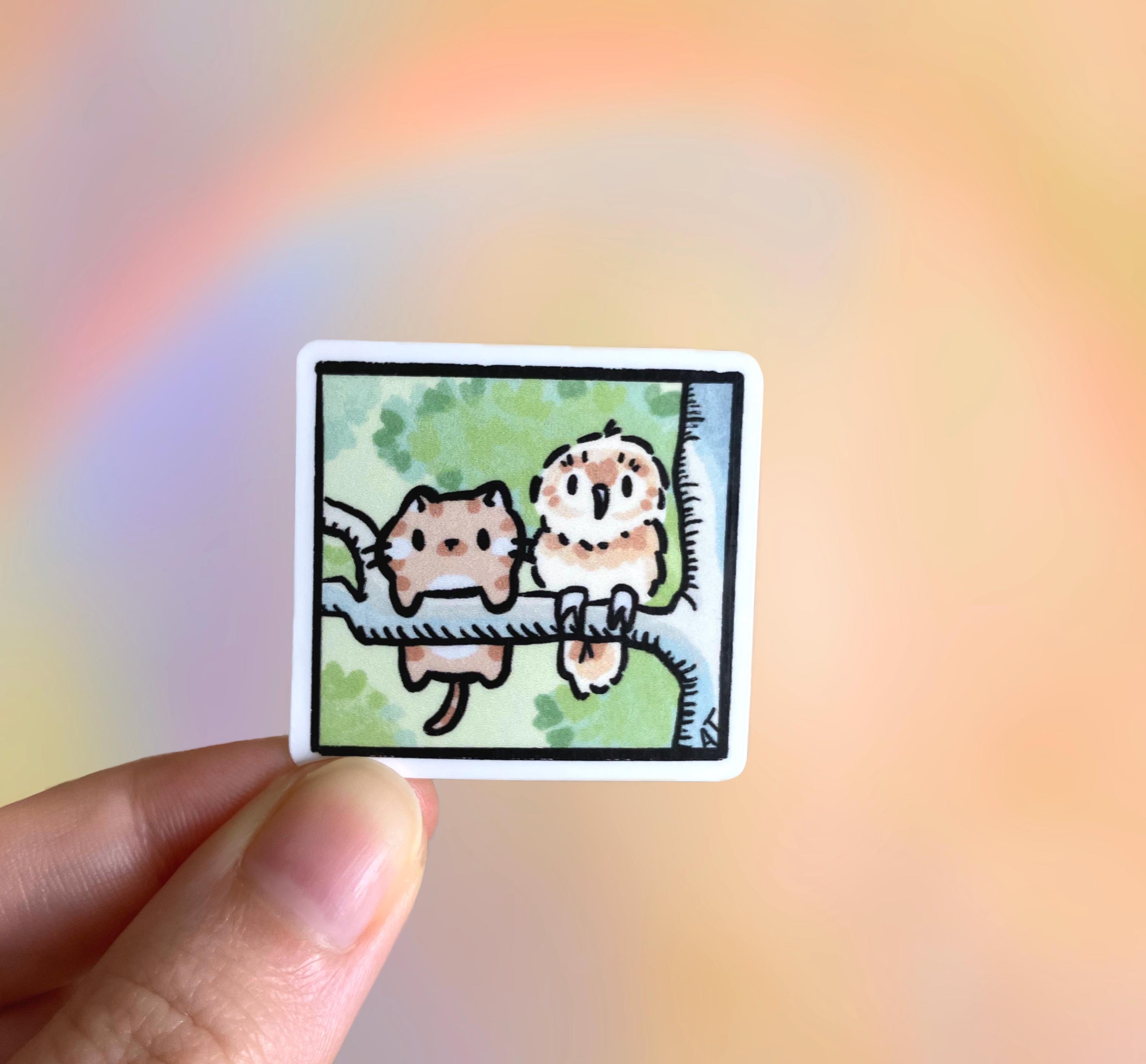 Cat and owl in a tree sticker, vinyl waterproof, outdoorsy kitty, kawaii stationery