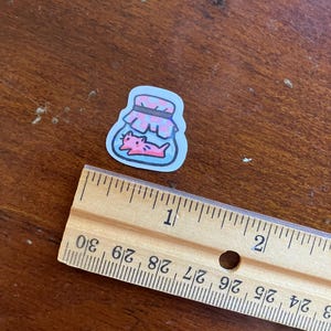 Strawberry jam cat sticker, vinyl waterproof, cottagecore illustration, holographic sparkle image 2