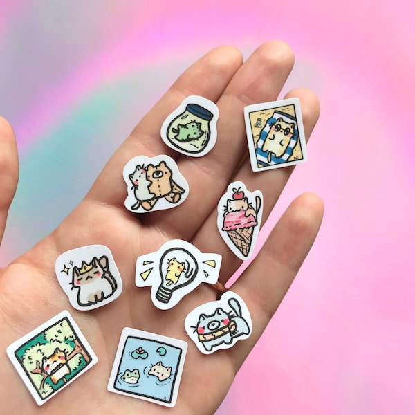 Tiny cat stickers, mini vinyl waterproof, summer vacation kitty, playful kitten, dress up, ice cream, kawaii food, adventurous pet