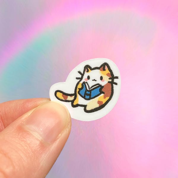 Reading cat sticker, mini vinyl waterproof, calico kitty, book kitten