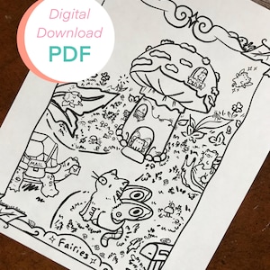 Peut inclure: Illustration en noir et blanc d'une scène de fées fantaisiste. L'image comprend une maison champignon, un chat avec des ailes de papillon et le texte "Fairies". Les mots "Digital Download PDF" sont également présents.