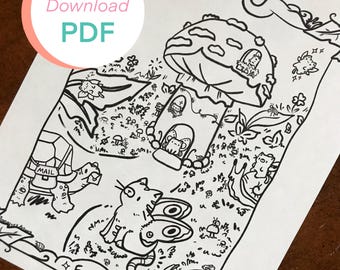 May include: Black and white line art illustration of a whimsical fairy scene. The image includes a mushroom house, a cat with butterfly wings, and the text "Fairies". The words "Digital Download PDF" are also present.