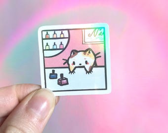 Nail salon cat sticker, holographic, girly calico kitty, kawaii stationery
