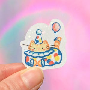 Clown cat, die cut waterproof vinyl sticker, sparkly orange kitty with a balloon