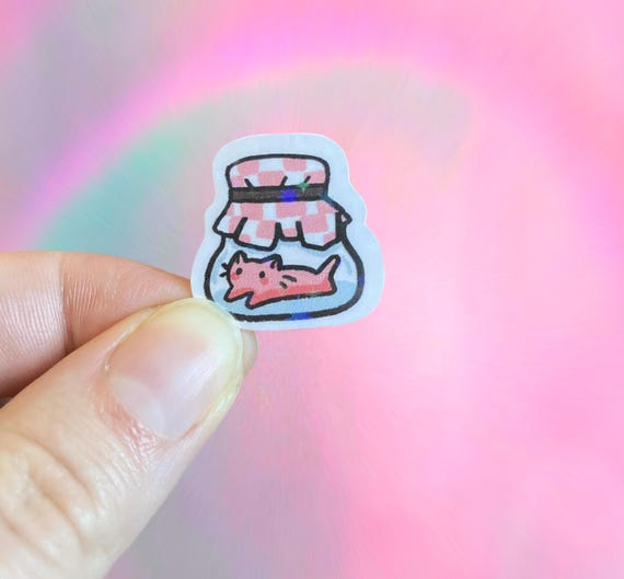 Strawberry jam cat sticker, vinyl waterproof, cottagecore illustration, holographic sparkle