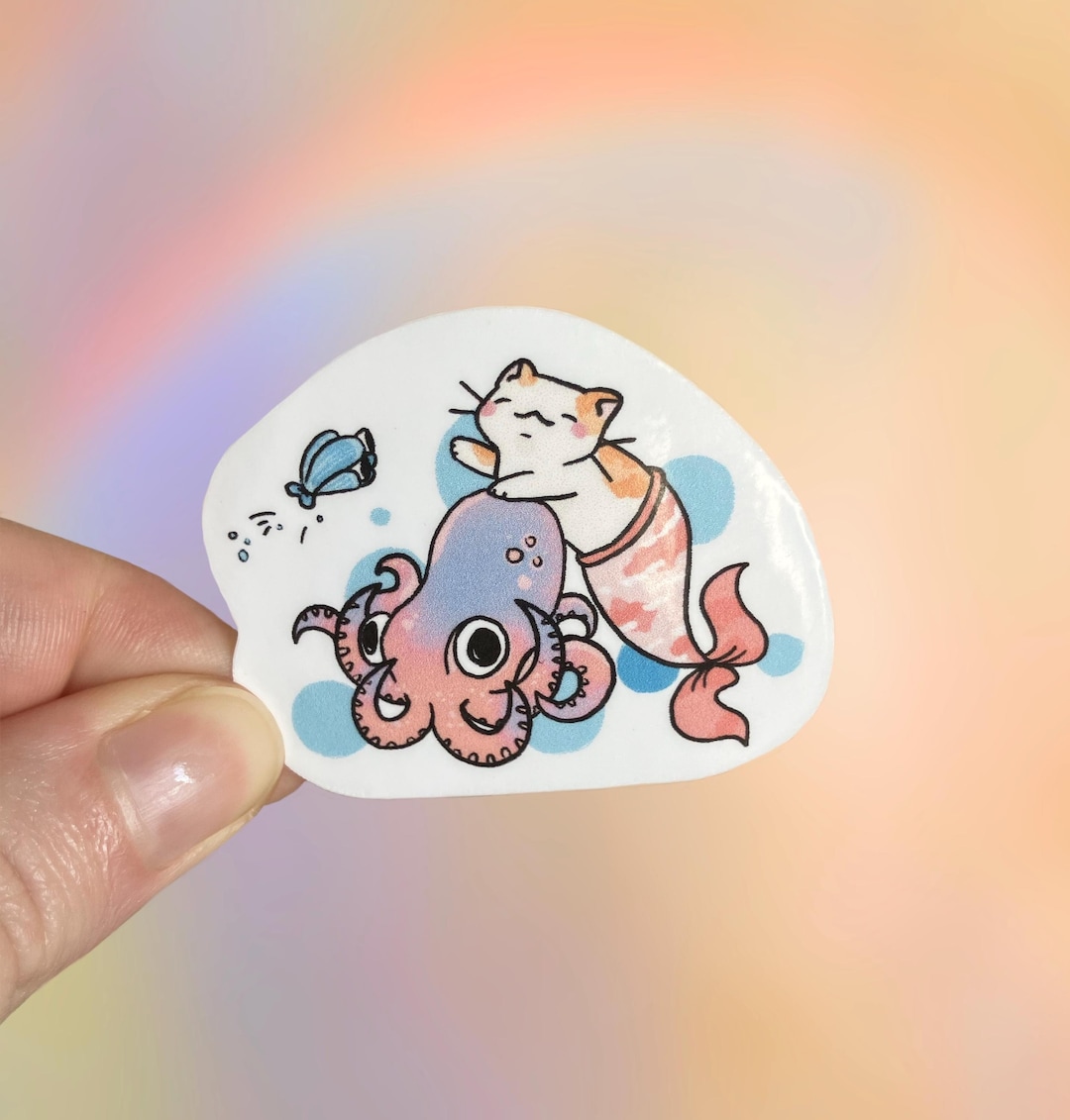 Mermaid Cat Sticker, Vinyl Waterproof, Fish Kitty With Octopus Friend ...