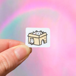Sticker fort chat, mini vinyle imperméable, boîte en carton chaton, chatons gris et blancs ludiques
