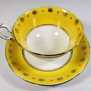 Mid Century Atomic Style Royal Grafton Yellow White Bands with Red Gold Teacup Saucer Set | Bone China Made in England