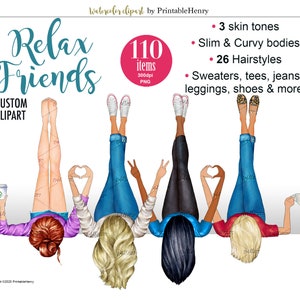 Beste Freunde, Schwestern, die Füße hochlegen, Aquarell Clipart Porträt Schöpfer, Charakter Hersteller Mode Mädchen PNG Bündel