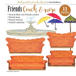 Freunde TV Sofa Clipart Szene Hintergrund PNG Elemente, Buntglas Lampe, Springbrunnen, Regenschirm Aquarell PNG PrintableHenry