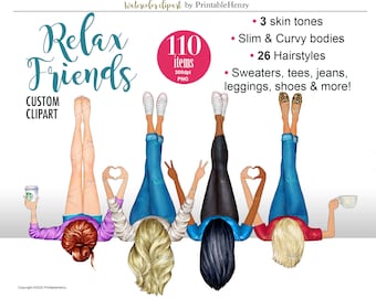 Peut inclure: Quatre amies avec des coiffures et des tons de peau différents sont assises les jambes en l'air. Elles portent des jeans, des pulls et des t-shirts. Le texte "Relax Friends" est en haut de l'image.