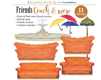 Friends sofa clipart scene background png elements, stained glass lamp, water fountain, umbrella watercolor png PrintableHenry