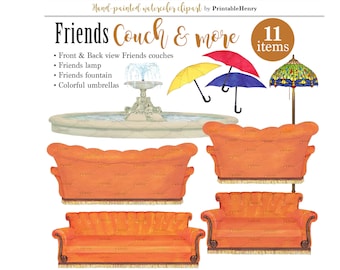 Peut inclure: Ensemble de clipart aquarelle représentant le canapé orange emblématique de la série télévisée "Friends". L'ensemble comprend deux vues du canapé, une lampe, une fontaine et quatre parapluies colorés.