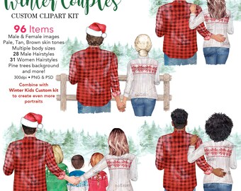 Peut inclure: Clipart aquarelle "Winter Couples" présentant des illustrations de couples en tenues d'hiver. L'image comprend du texte indiquant 96 éléments, diverses couleurs de peau, coiffures et un arrière-plan de pins. Le clipart est disponible en formats PNG et PSD.