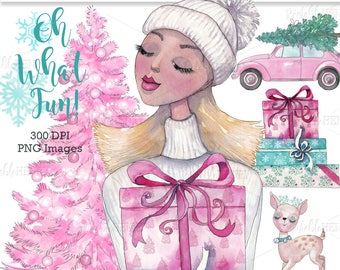 Pink Christmas Clipart: Watercolor Fashion Girls, Holiday PNG Graphics (Digital Download)