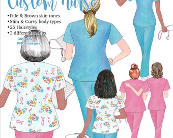 Peut inclure: Ensemble de cliparts aquarelle intitulé Custom Nurse représentant divers personnages en tenue médicale. Comprend des illustrations d'infirmiers avec différentes coiffures, teints et morphologies portant des hauts unis bleus, roses ou à motifs floraux.