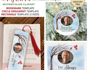 Peut inclure: Un modèle commémoratif personnalisable avec des cliparts aquarelle. Comprend un marque-page, un ornement circulaire et des modèles rectangulaires. Les motifs présentent un arbre, des oiseaux rouges et une photo avec le texte "I'm Always with You."