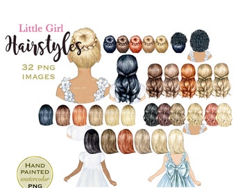 Little Girl Hairstyles clipart handpainted watercolor PNG images digital download for custom portraits