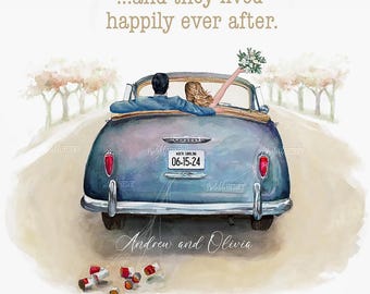 Réservez votre date clipart en voiture : portrait personnalisable des mariés peint à la main aquarelle téléchargement PNG