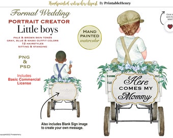 Little boy wedding clipart page boy watercolor portrait creator COMMERCIAL LICENSE handpainted ring bearer, baby, pale and brown skin tone