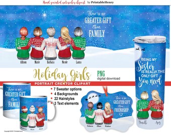 Peut inclure: Téléchargement numérique de cliparts aquarelles sur le thème des fêtes. L'image présente des illustrations de tasses, de gobelets et d'ornements avec le texte "There is no GREATER GIFT than FAMILY" et "BEING MY Sister is REALLY, THE ONLY GIFT You need."