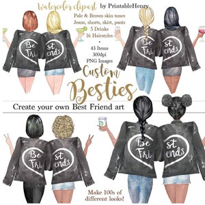 Paquete de imágenes prediseñadas de mejores amigas, creador original de retratos de mejores amigas, hermanas del alma, chicas de pie con vista posterior de mejores amigas, png personalizable con bebidas y cabello
