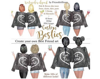 Peut inclure: Une illustration numérique de six femmes portant des vestes en cuir noir avec le texte "Best Friends" au dos. Les femmes portent des tenues et des coiffures différentes. L'illustration est un design personnalisable pour créer des illustrations d'amitié personnalisées.