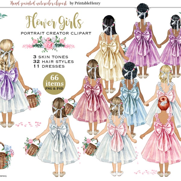 Flower girl portrait clipart with commercial license watercolor wedding brown skin dress customizable bridal kids Printable Henry