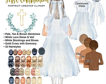 Peut inclure: Une illustration aquarelle d'une fille en robe et voile en dentelle blanche, avec une croix dorée et de la verdure. L'illustration comprend 32 coiffures différentes, des tons de peau pâle, bronzée et brune, ainsi qu'une robe et un voile en dentelle blanche. Le texte "Première Communion" et "Portrait Creator Clipart" est également inclus dans l'image.