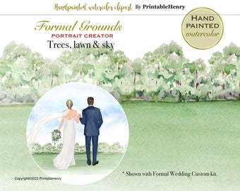 Peut inclure: Une illustration aquarelle d'une mariée et d'un marié s'éloignant de la caméra devant une pelouse verte et des arbres. Le texte "Formal Grounds" est en haut de l'image, et le texte "Trees, lawn & sky" est en dessous du couple. Le texte "HAND PAINTED watercolor" est dans un cercle dans le coin supérieur droit de l'image.