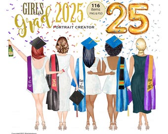 Peut inclure: Illustration de cinq femmes diplômées en robes blanches, coiffes et étoles. L'image comprend le texte "GIRLS Grad 2025 Portrait Creator" et un ballon doré en forme de "25".