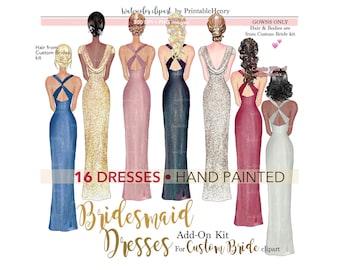Peut inclure: Ensemble de 16 robes de demoiselle d'honneur peintes à la main à l'aquarelle dans différentes couleurs, notamment bleu, or, rose, noir, rouge et blanc. Les robes sont toutes longues et de styles différents. Le texte "GOWNS ONLY Hair & Bodies are from Custom Bride kit" est inclus dans l'image.