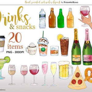Hand-Painted Watercolor Drinks and Snacks Clipart (20 PNG Images)