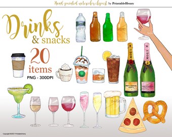 Peut inclure: Un ensemble de 20 illustrations aquarelle de boissons et de collations, comprenant une margarita, du café, de la bière, du vin, du champagne et un bretzel. Les illustrations sont peintes à la main et parfaites pour une utilisation dans des projets numériques ou imprimés.