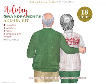 Peut inclure: Clipart aquarelle peinte à la main d'un couple, faisant partie d'un kit d'extension Grand-parents de vacances. L'image comprend le texte : "Holiday GRANDPARENTS ADD-ON KIT" et répertorie des éléments tels que des coiffures, des pulls, des pantalons, des cadeaux et une couronne. L'image indique également "18 items."