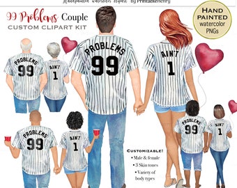 Portrait clipart  99 Problems baseball jersey couple watercolor png character creator family best friends with commercial license